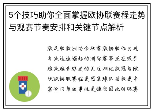 5个技巧助你全面掌握欧协联赛程走势与观赛节奏安排和关键节点解析