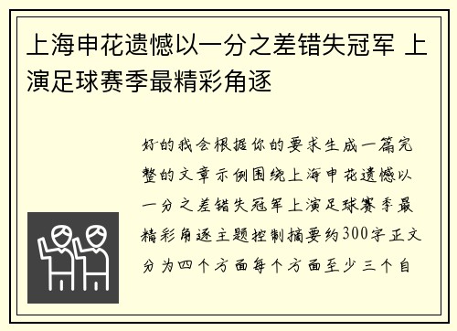 上海申花遗憾以一分之差错失冠军 上演足球赛季最精彩角逐